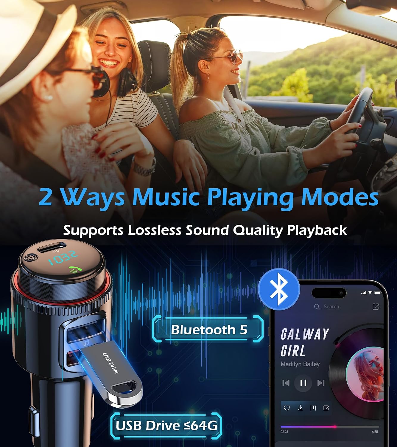 Bluetooth Car Adapter,HiFi FM Transmitter,48W Charger,Siri Assistant | Wireless 5.4 Radio Adapter with Fast