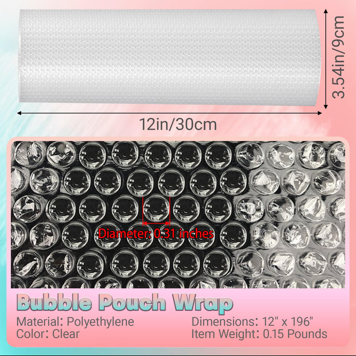12 in x 60 ft Clear Bubble Cushioning Wrap, 4Roll Protective Bubble Packing Roll for Moving, Shipping, and Fragile Items