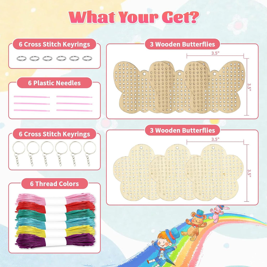 Wooden Cross Stitch Kits for Kids, Make Your Own 6 Cross Stitching Keyrings, Wood Sewing Kit, Arts & Crafts