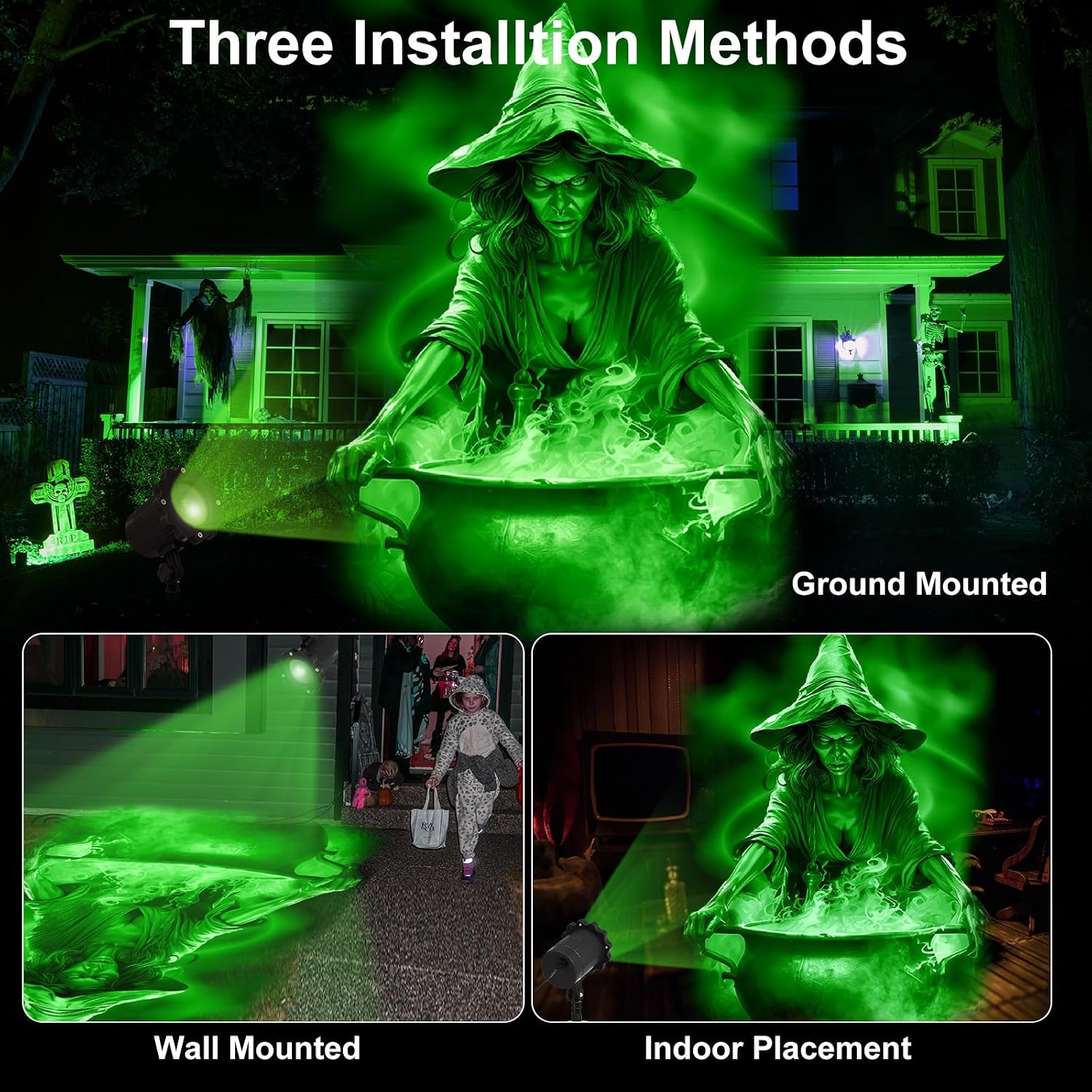 Halloween Projector Outdoor Light Decoration, Witch and Cauldron | Green Dynamic Halloween Projector, Spooky Decor