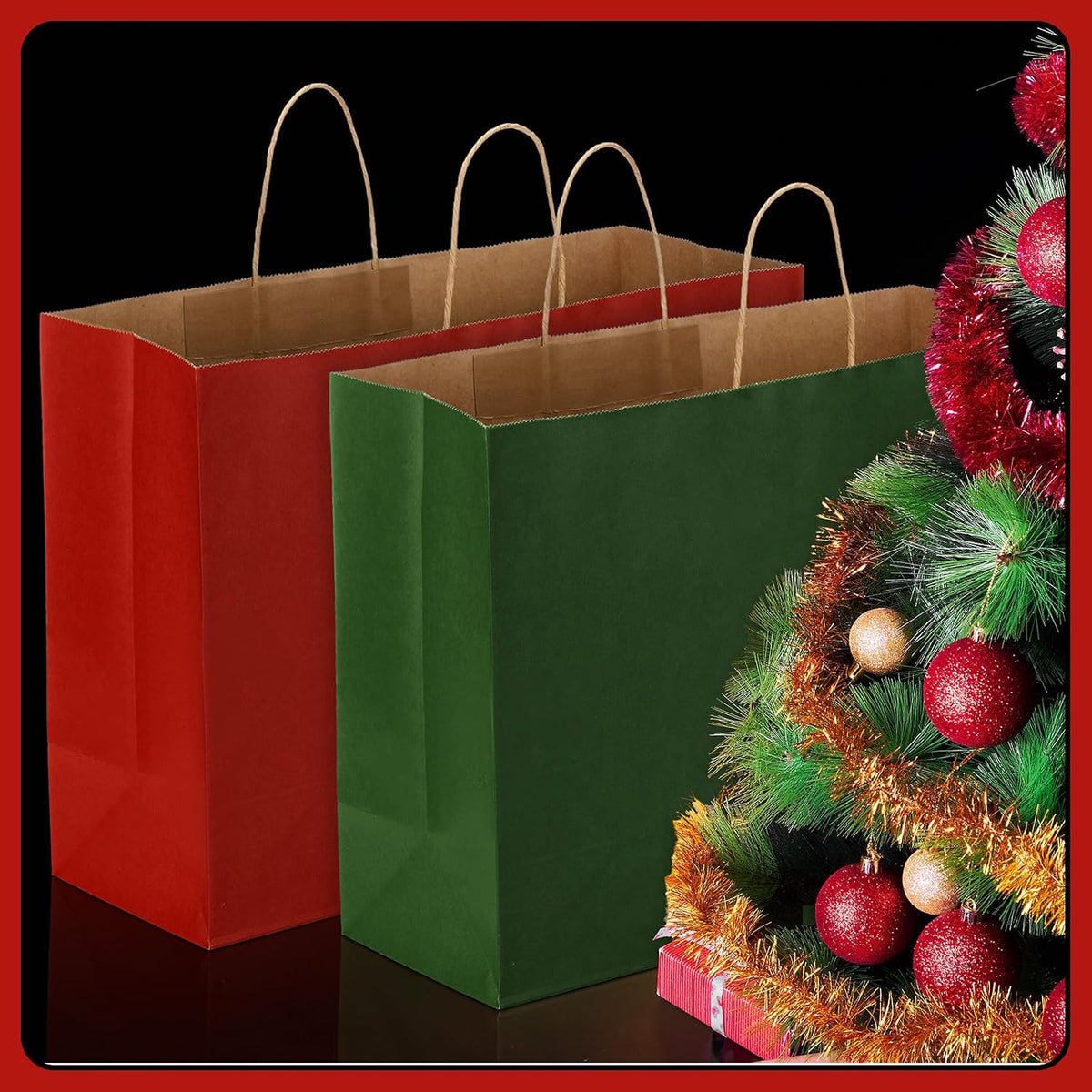 100 Pcs Christmas Gift Bags Red Green Kraft, 16 x 12 x 6 Inch