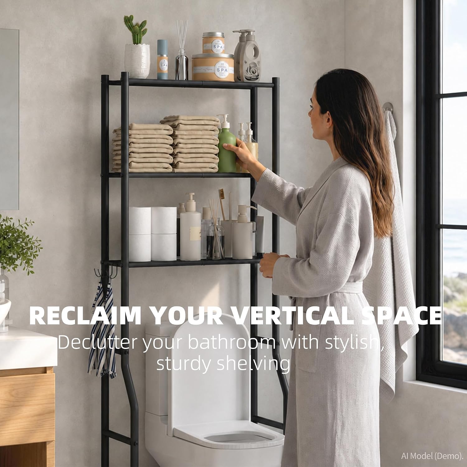 3-Tier Over Toilet Storage, Anti-Tilt, 64" H, Black | Anti-Tilt Safety System, 150lb Capacity, Carbon Steel