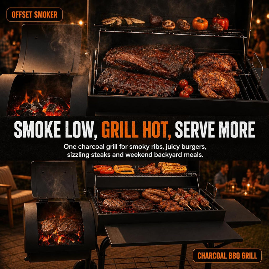 Charcoal Grill with Offset Smoker: Spacious Barrel Charcoal Grills