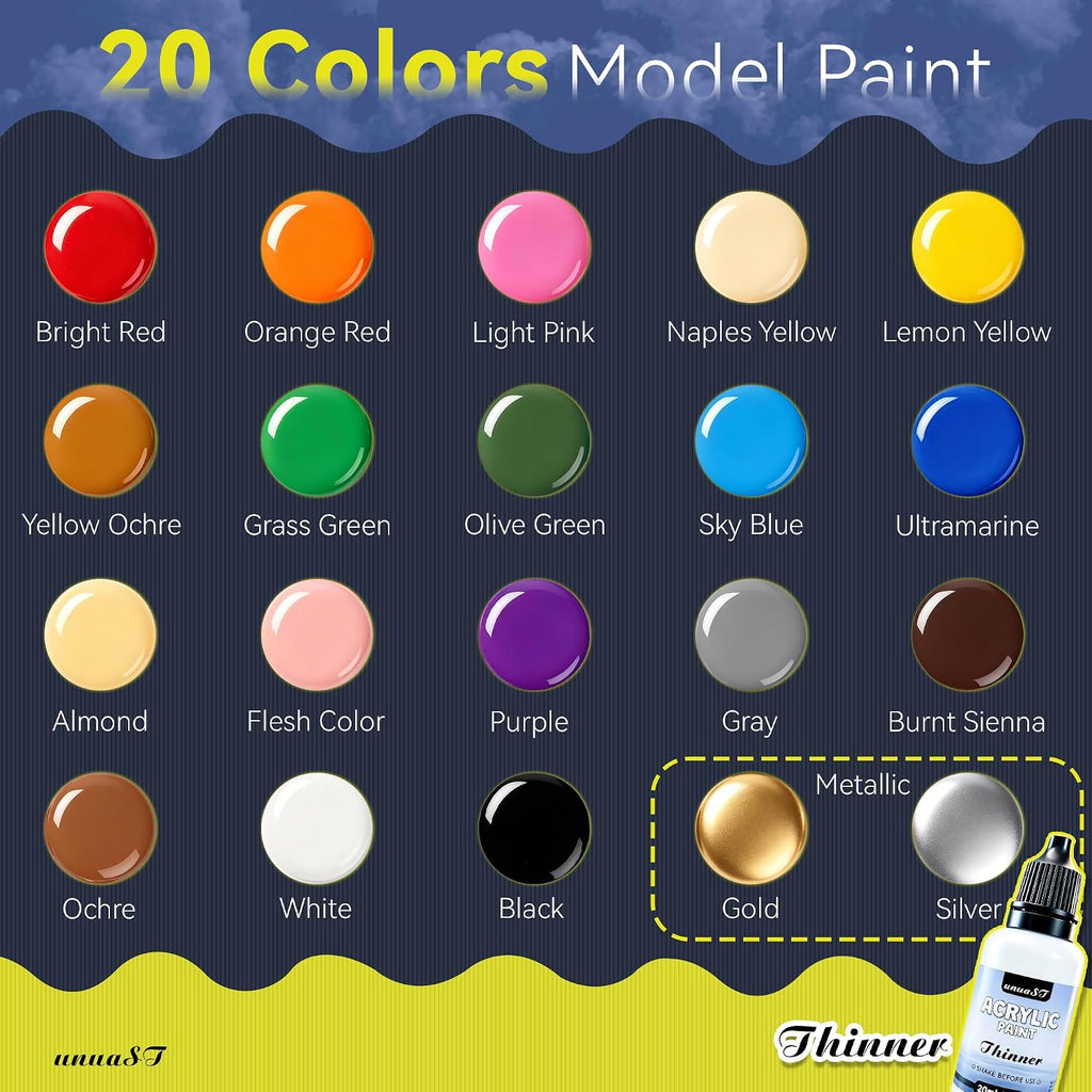 20 Colors Model Paint Set, Model Acrylic Paint Set for Brush & Airbrush Use | 0.7oz/20ml, Includes 3 Brushes & 1