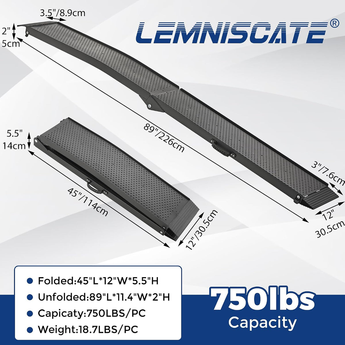 Motorcycle Ramps, 89"x12" Portable Loading Ramps for Pickup Trucks 750 LBS Capacity 7.5FT Aluminum Folding Ramps with