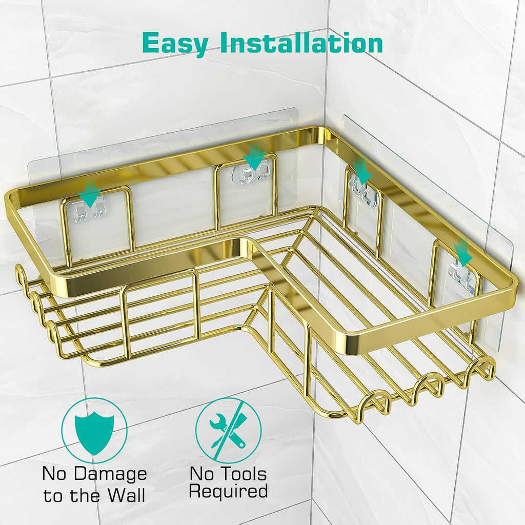 Corner Shower Caddy, 3-Pack Adhesive Bathroom Caddy with Soap Holder and 12 Hooks, Rustproof Stainless Steel Shower
