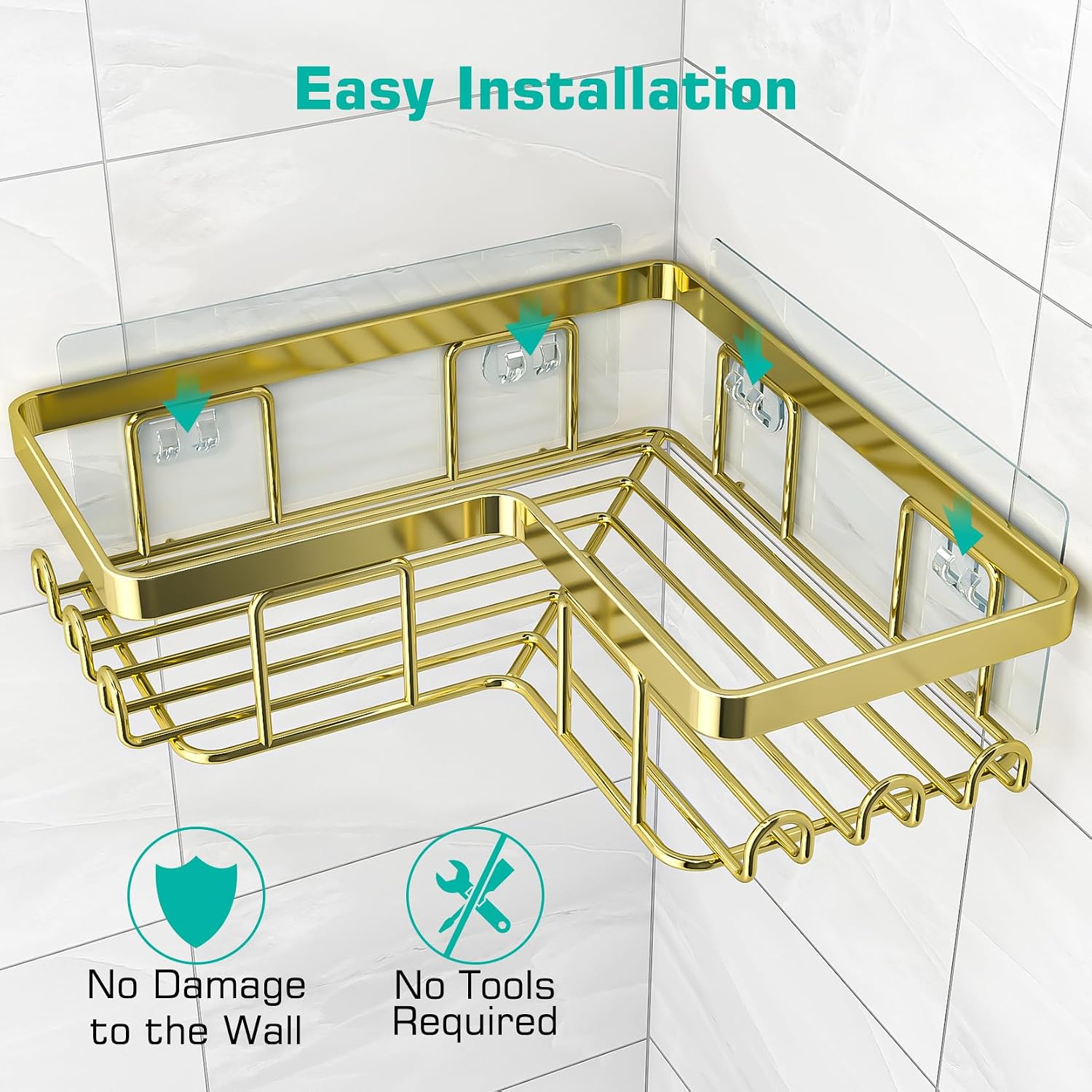 Corner Shower Caddy, 3-Pack Adhesive Bathroom Caddy with Soap Holder and 12 Hooks, Rustproof Stainless Steel Shower
