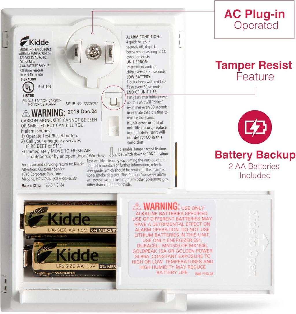 Carbon Monoxide Detector, Plug-in Carbon Monoxide Detector with AA Battery Backup, 85 dB Alarm, LED Status Light