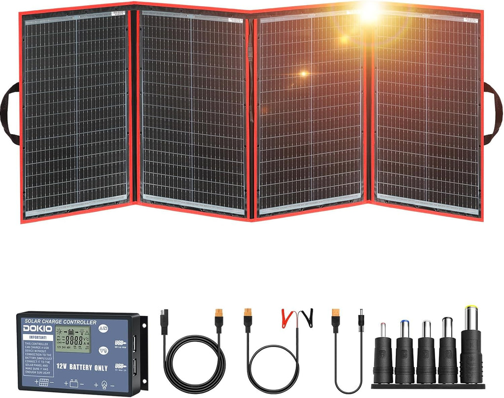 200W Portable Foldable Solar Panel Kit for 12V Battery Charging | Folds to 20 x 27 in and weighs 9.7 lb; includes