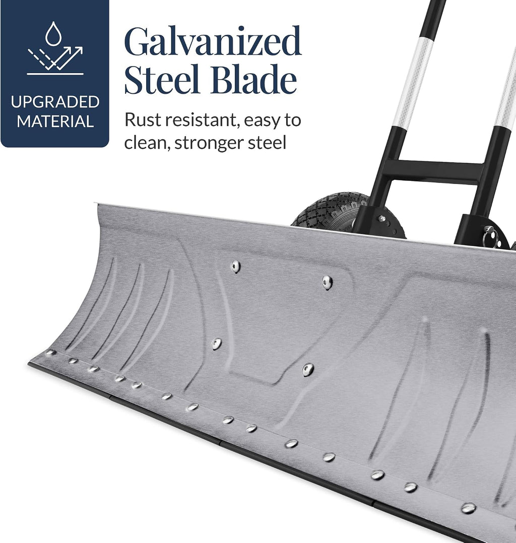 36in Galvanized Blade Heavy-Duty 2-Wheel Snow Pusher Hand Plow for Snow Removal w/Wheels, Adjustable Handle, Blade