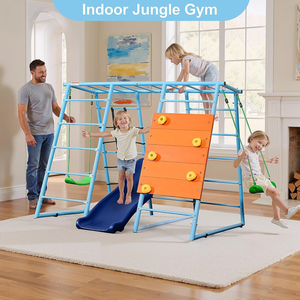 6 in 1 Indoor Playground, Metal Jungle Gym with Climbing Wall, Slide, Monkey Bars, Rope Ladders and Two Swings