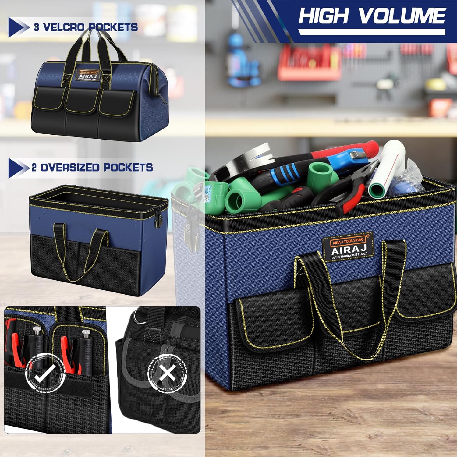 Tool Bag 2-Pack Set | AIRAJ 18" & 14" Portable Tool Storage Bag | Wide Mouth Tool Bags for Men and Women | Small Tool