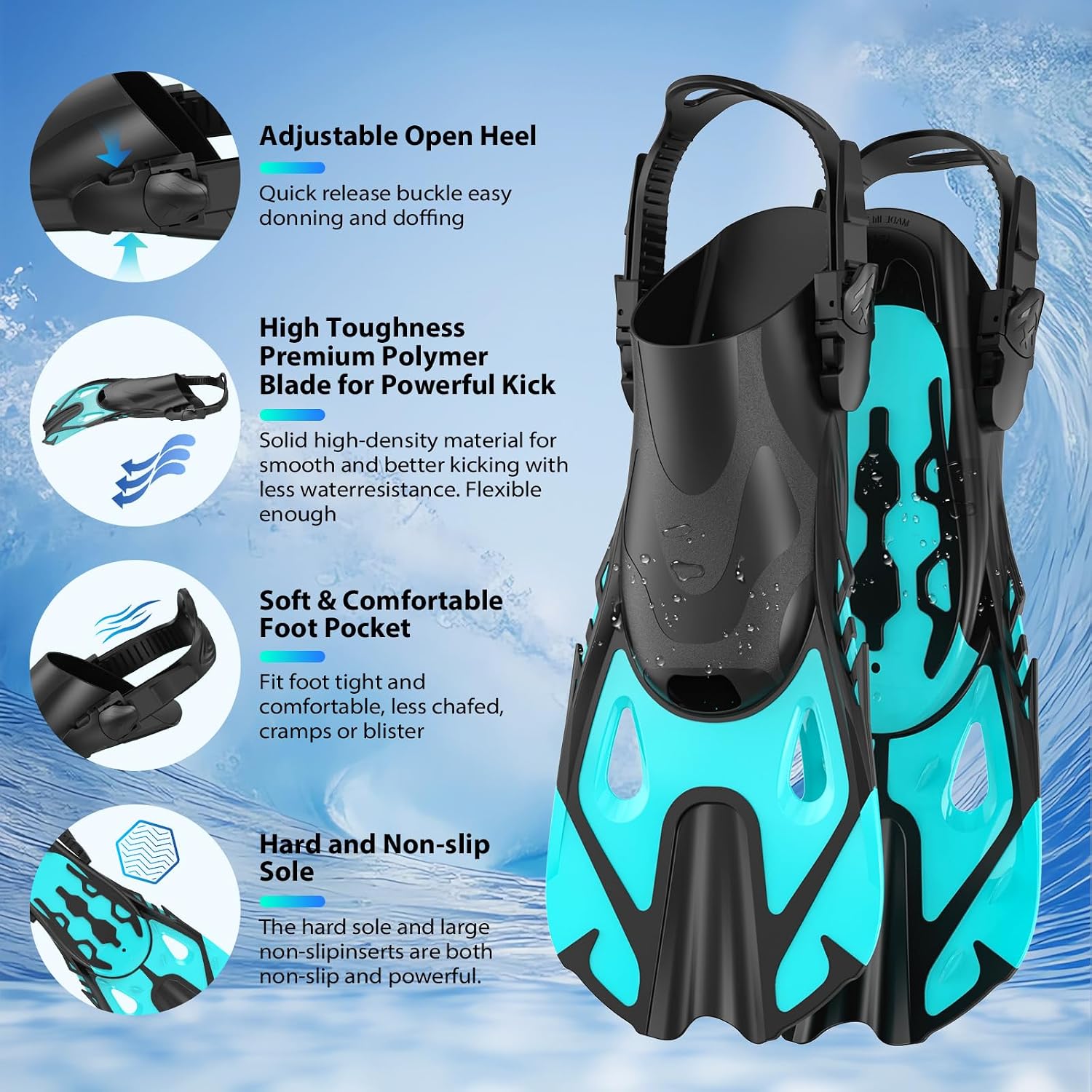 Snorkeling Gear Set for Adults – Dry Top Snorkel Set, Panoramic Anti-Fog Mask, Adjustable Swim Fins – Travel Diving