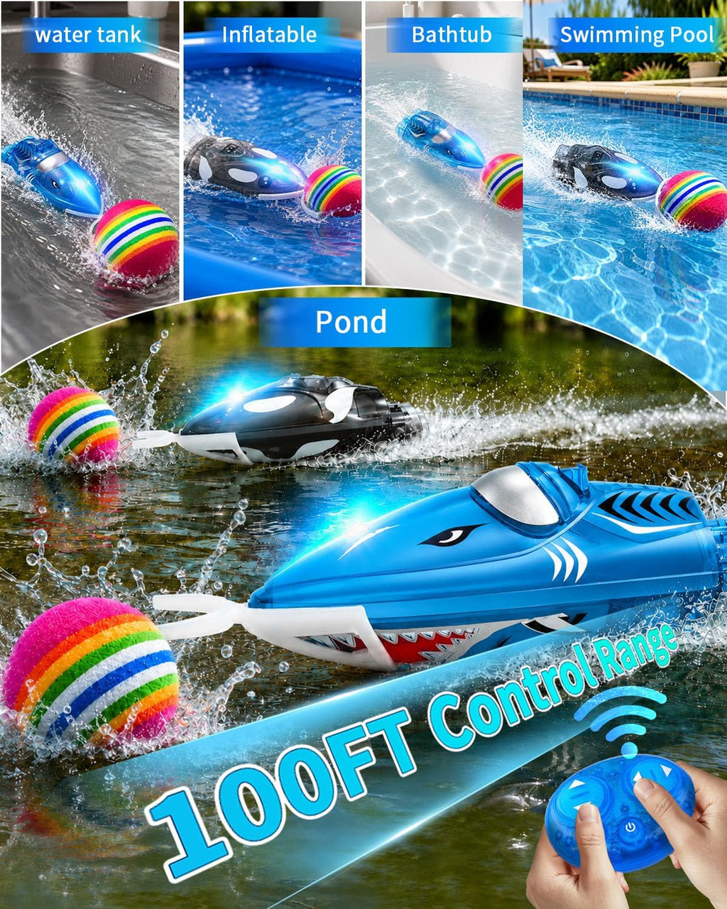 3.2" Mini RC Boat 2-Pack, Shark & Whale Toy with Inflatable Pool | 2.4GHz Remote Control Boat with Dual Motors, 360°