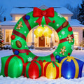 10FT Giant Inflatable Christmas Wreath Outdoor Decor Blow Up Xmas Wreath with Gift Boxes Bells LED Lights Holiday