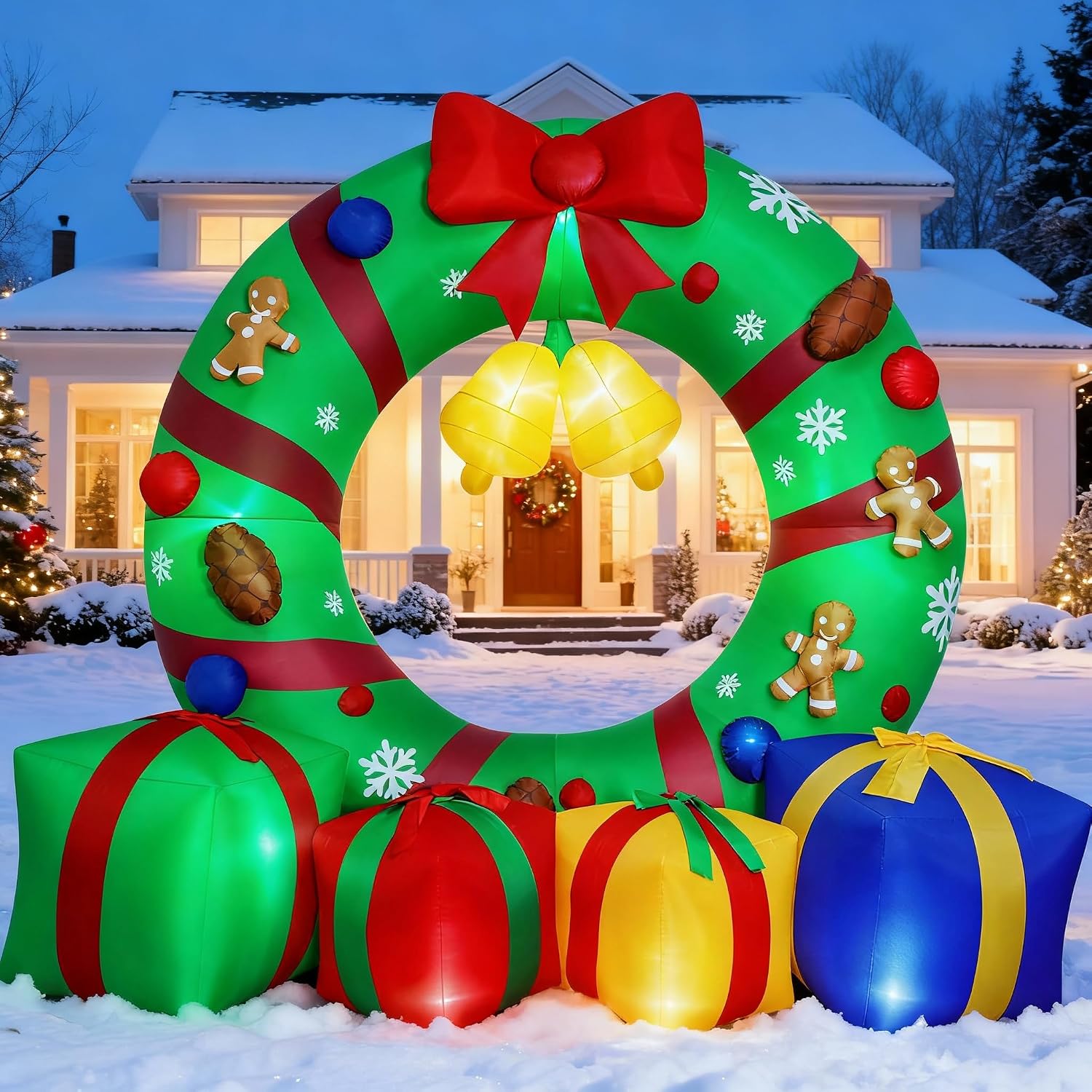10FT Giant Inflatable Christmas Wreath Outdoor Decor Blow Up Xmas Wreath with Gift Boxes Bells LED Lights Holiday