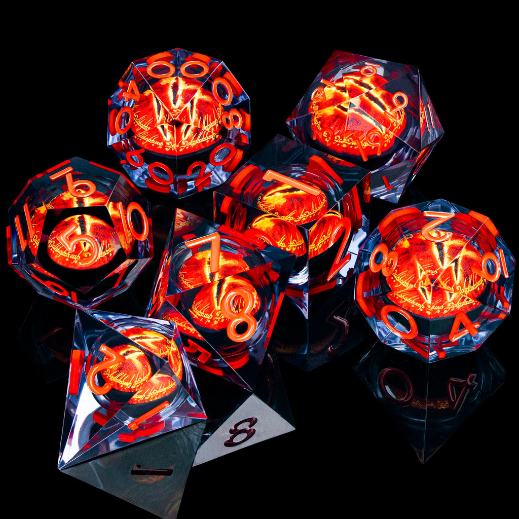 RPG Resin Dice Gazes Eye Dice Liquid Core Flaming RPG Sharp Edged Dice Set with Gift Box, Polyhedral RPG Dice Set