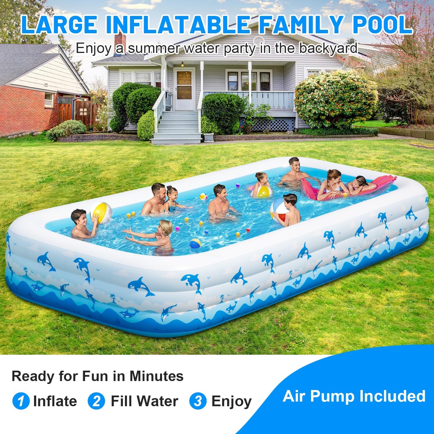Extra Large Inflatable Swimming Pool – 165" x 76" x 22" Oversized Blow Up Pool for Adults, Big Family Backyard Pool