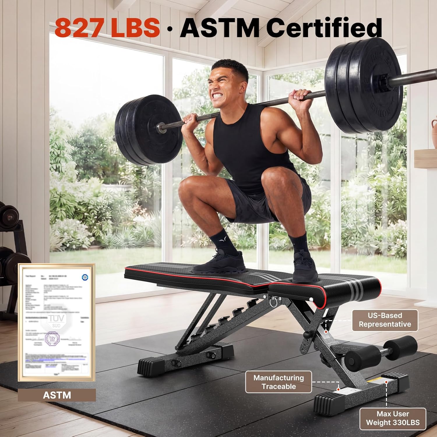 Adjustable Weight Bench for Home Gym, ASTM-Certified 827LBS, 98% Pre-Assembled, Foldable Gym Bench with 84 Positions