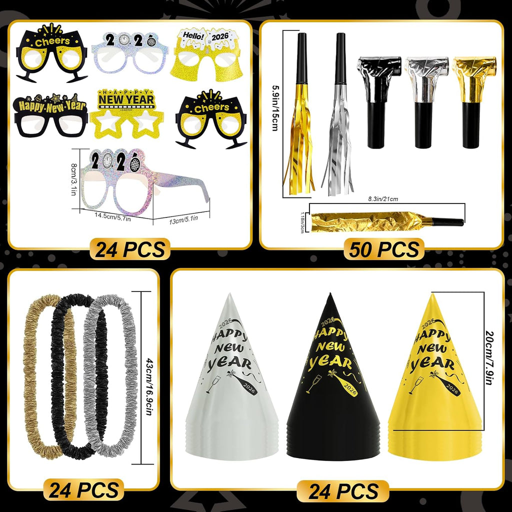 New Years Eve Party Supplies 2026 - Happy New Year Party Supplies Kit for 50 Guests, Including Hats, Glasses, Les
