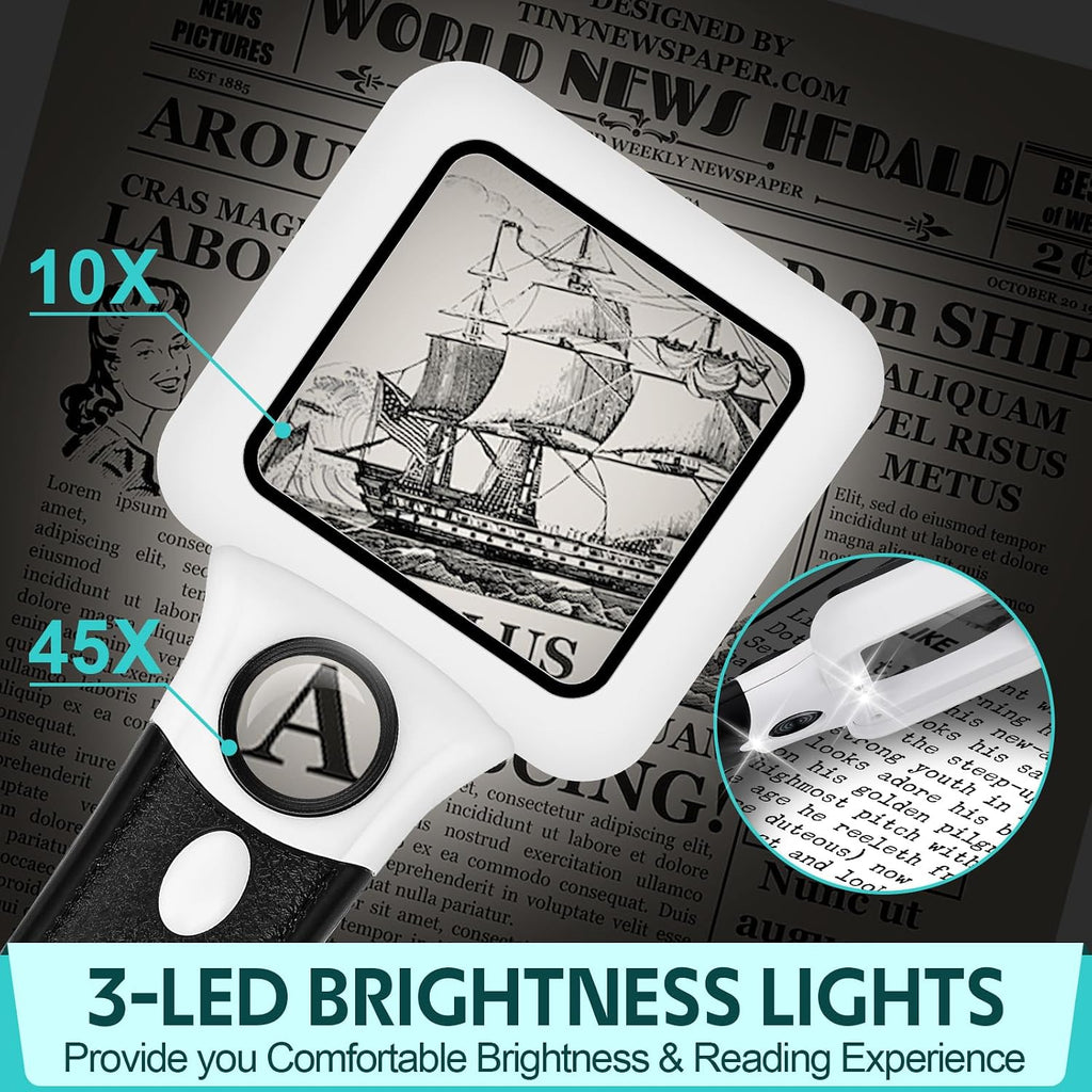 Compact Magnifying Glass with Lights,45X 10X Small Handheld Lighted Magnifier, 3 LED Light Magnifying Glass for