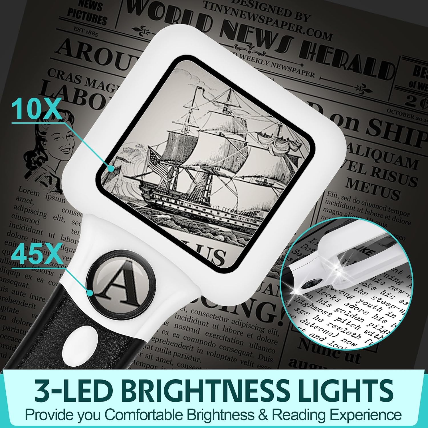 Compact Magnifying Glass with Lights,45X 10X Small Handheld Lighted Magnifier, 3 LED Light Magnifying Glass for