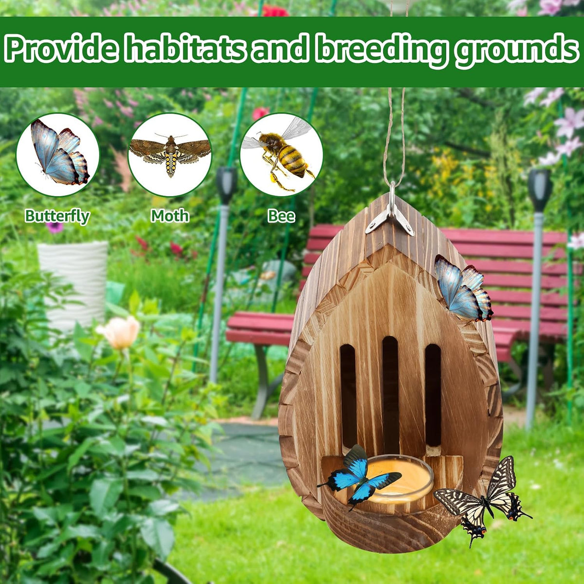 Wooden Butterfly House and Feeder, Butterfly Habitat Nesting Box, Natural Hanging Garden Outside Decoration