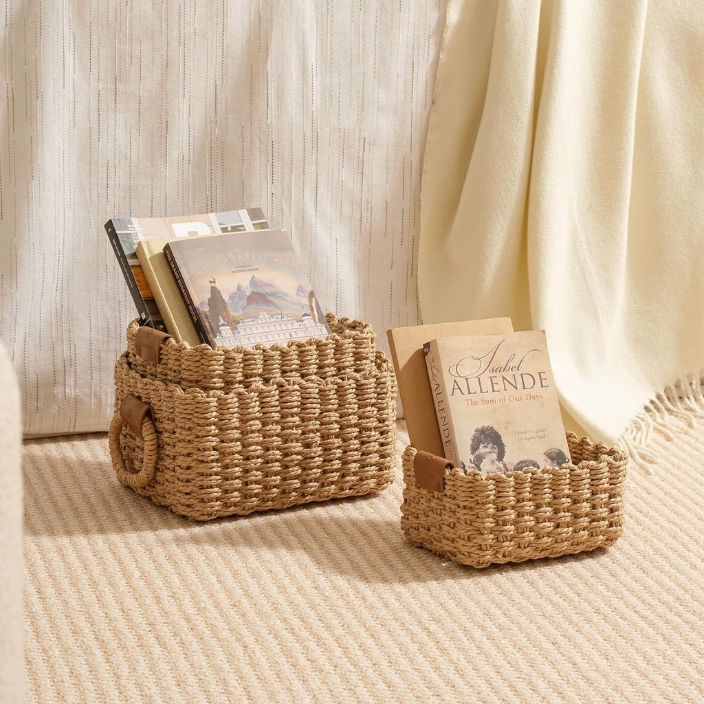 Small Wicker Baskets for Organizing, Recycled Paper Rope Storage Basket Container Bins for Shelves Bathroom Cupboards