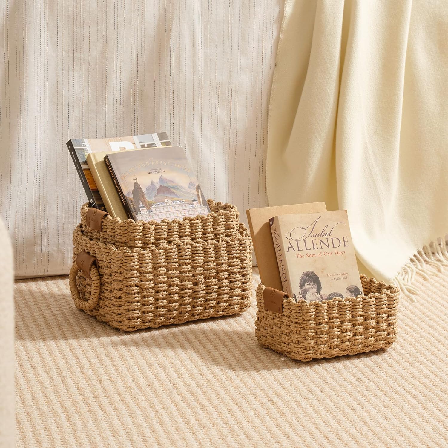 Small Wicker Baskets for Organizing, Recycled Paper Rope Storage Basket Container Bins for Shelves Bathroom Cupboards