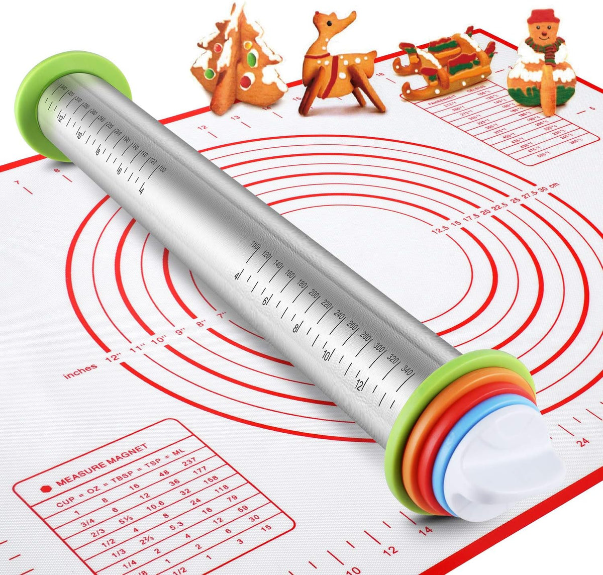 Stainless Steel Rolling Pin and Silicone Mat Set, Adjustable Thickness Rings