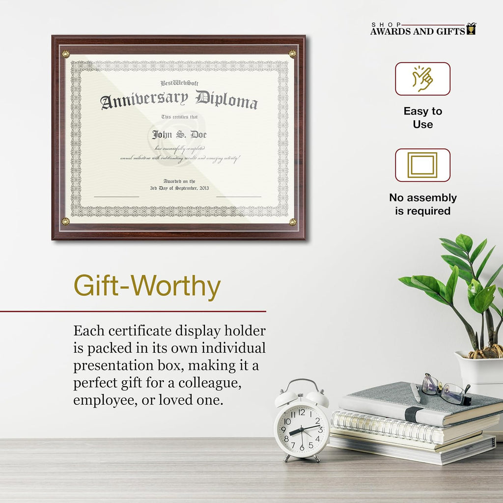 8.5 x 11 Certificate Frame Holder, Slide in Wall Plaque Display, 10.5 x 13 Inch Board, Multiple Colors (Walnut)