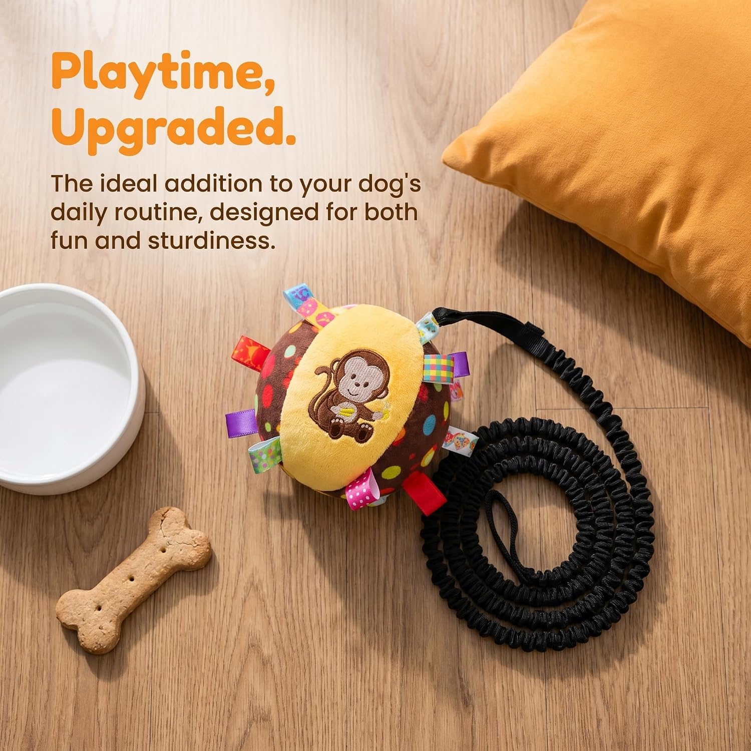 Colorful Squeaky Hanging Dog Training Toy with 60 inch Elastic Ropes Soft, 6-Inch Soft Stuffed Ball with Cotton