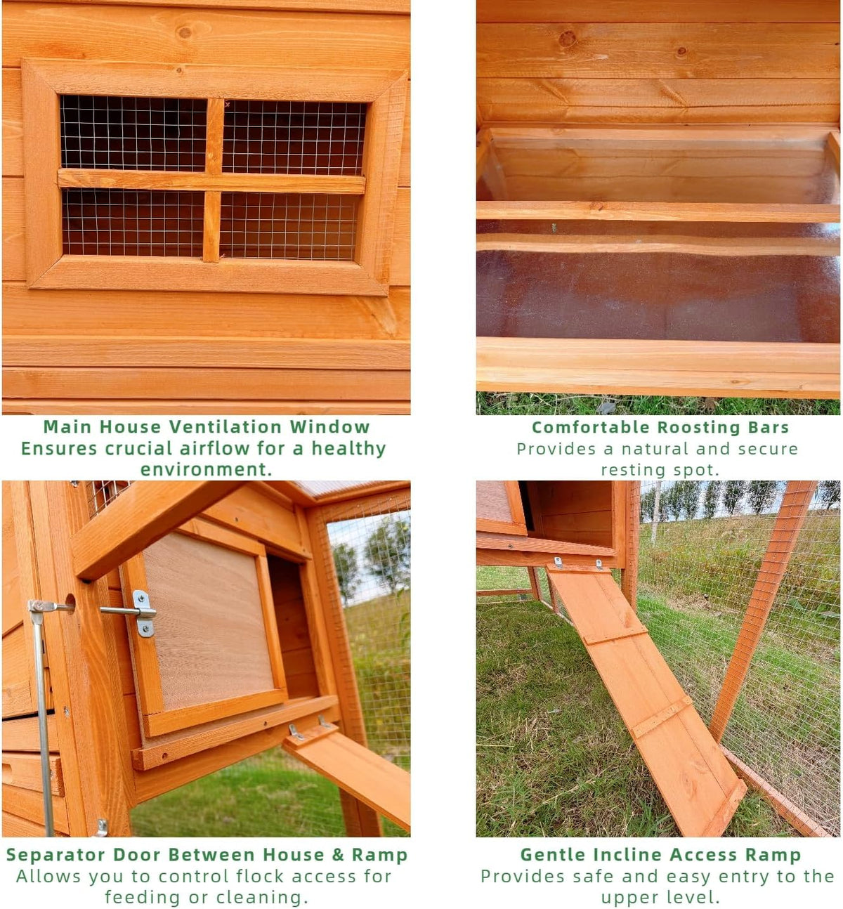 Mobile Chicken Coop with Wheels, Portable Hen House for 4-6 Chickens, Wood Outdoor Poultry Cage with Large Run