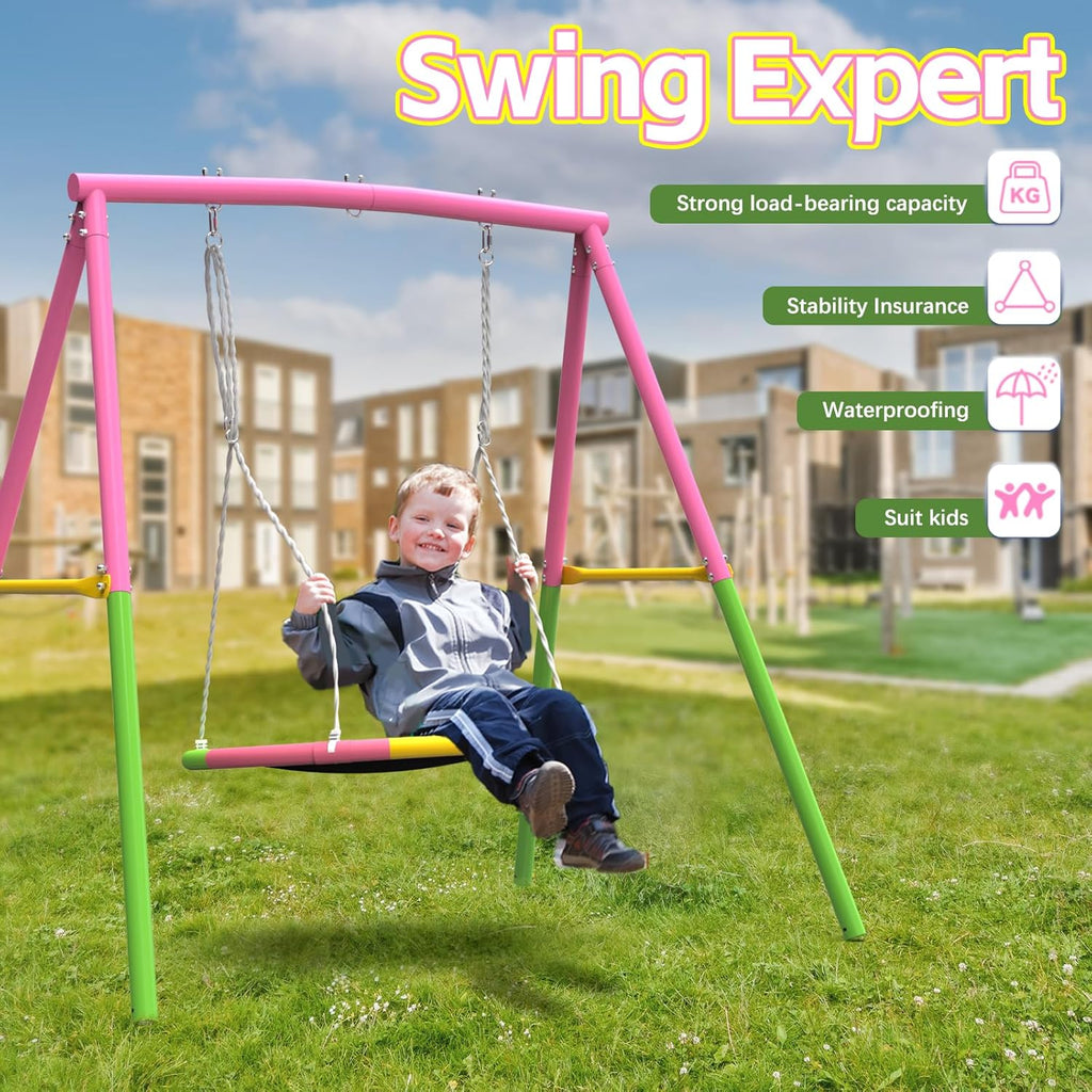 Flying Saucer Swing Set with Heavy Duty A-Frame Metal Swing Stand, Full Steel, Outdoor for Kids, Backyard