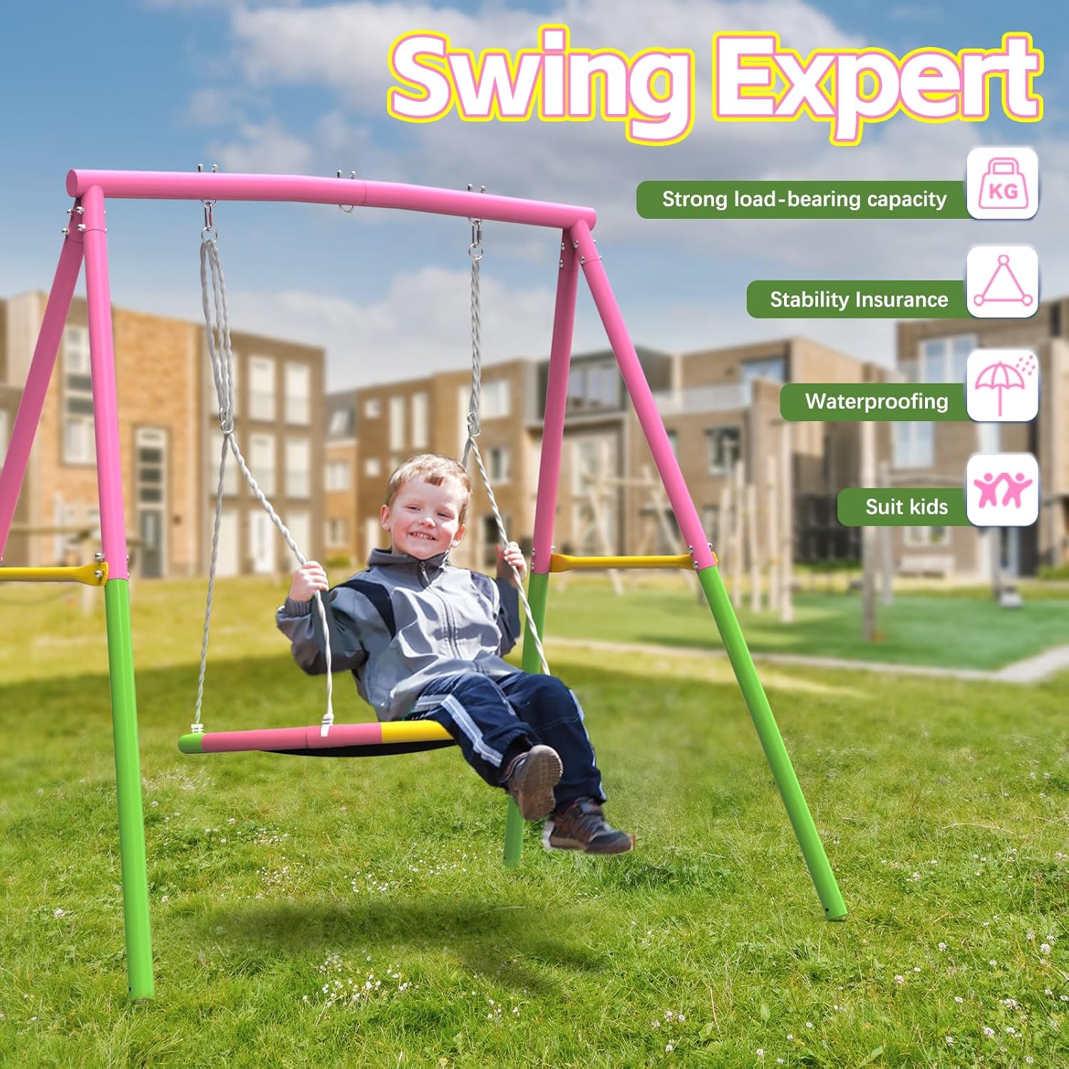 Flying Saucer Swing Set with Heavy Duty A-Frame Metal Swing Stand, Full Steel, Outdoor for Kids, Backyard