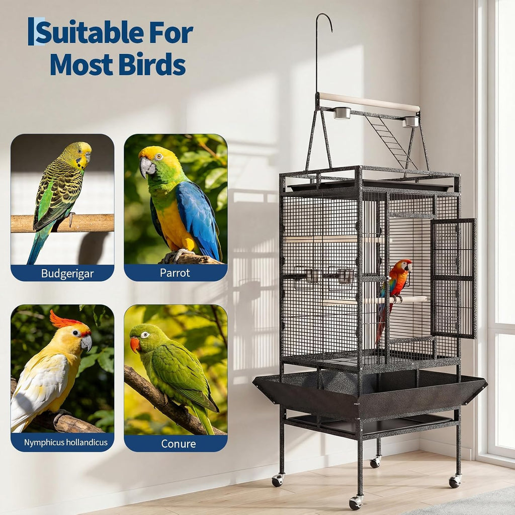 Extra Large 82" Parrot Cage with Play Top – Heavy Duty Wrought Iron Aviary, Rolling Stand, Secure Lock, Easy-Clean