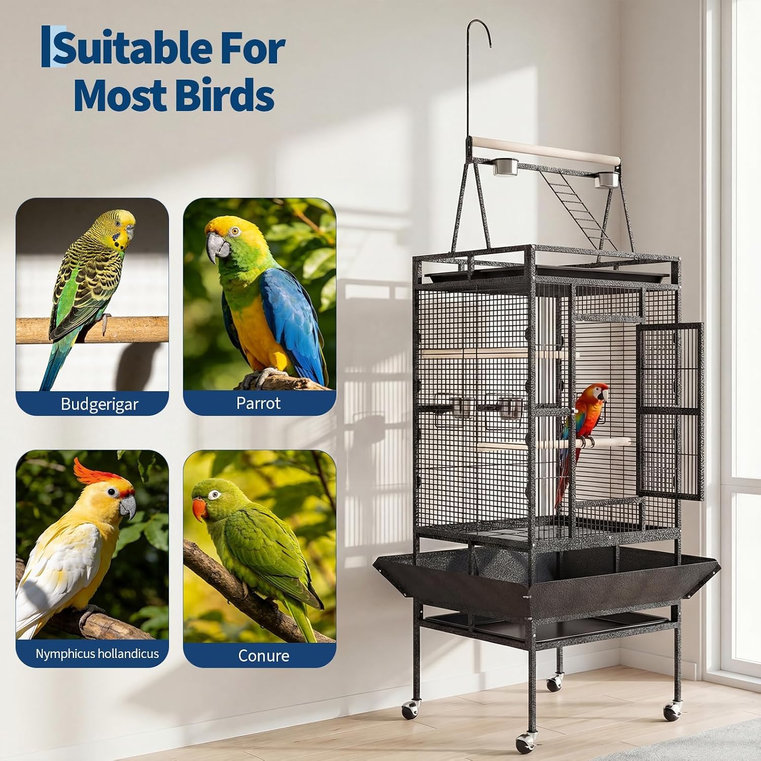 Extra Large 82" Parrot Cage with Play Top – Heavy Duty Wrought Iron Aviary, Rolling Stand, Secure Lock, Easy-Clean