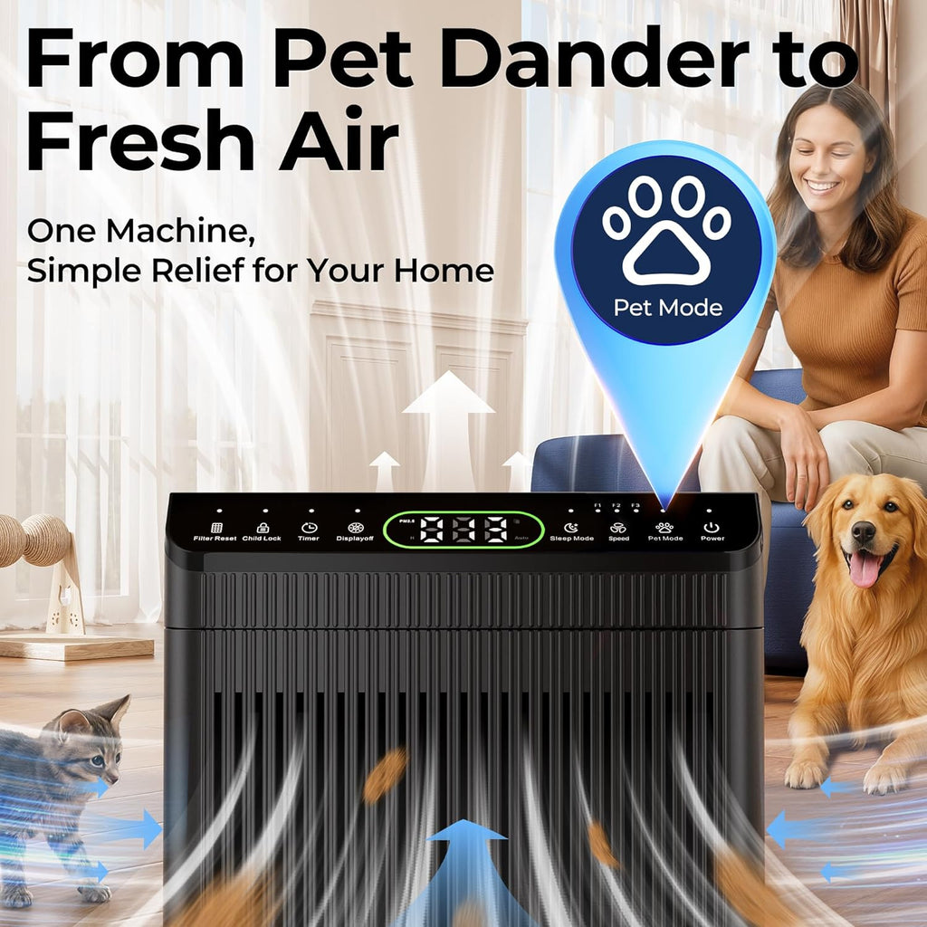 Air Purifier for Home Pet Up to 2200Ft² Pre-Filter Washable Black | HEPA Filter for Wildfire Smoke, PM2.5 Air Quality