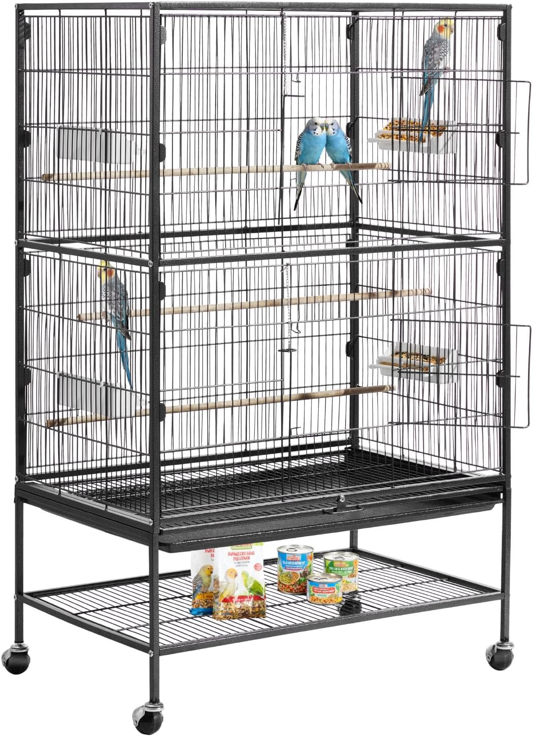 Bird Cage, 31.5 x 20.5 x 52 inch, Flat Top, Wrought Iron Bird Flight Cage with Perches, Slide-Out Tray and Plastic