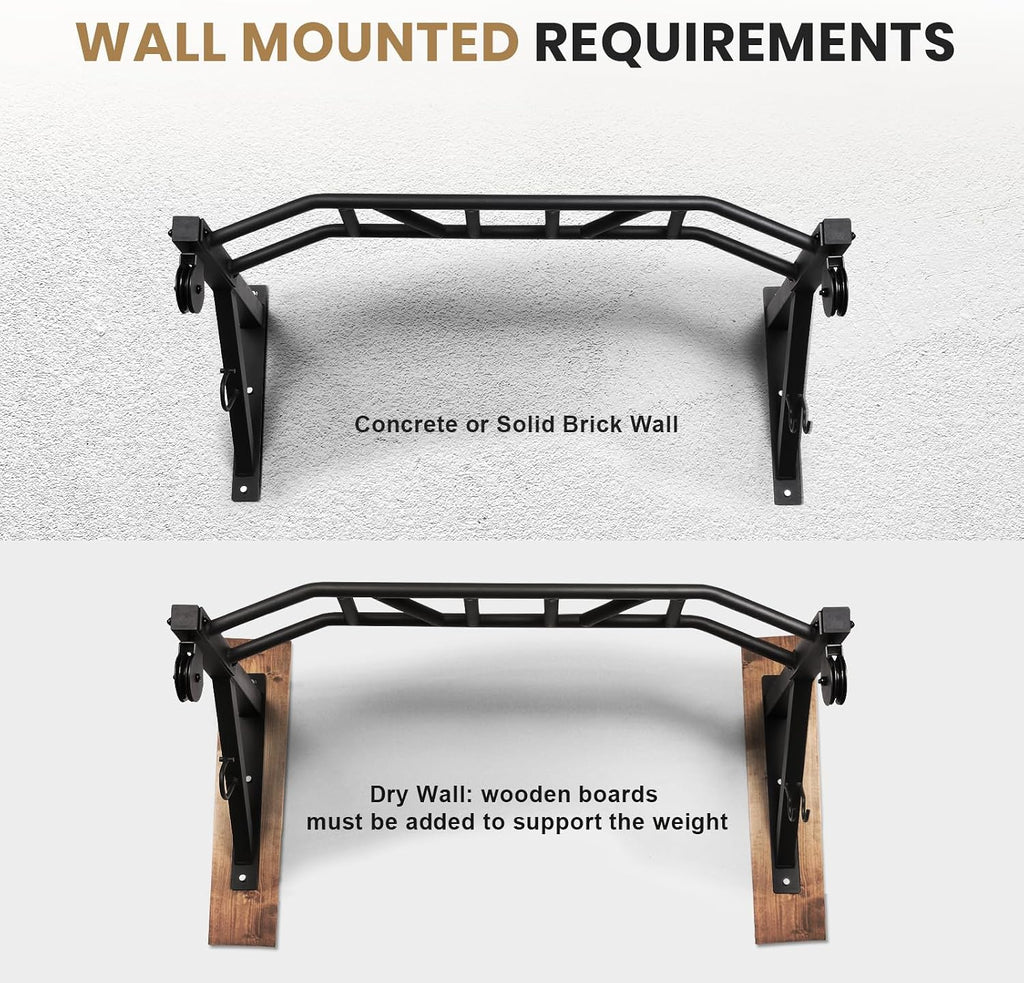 Multifunctional Wall Mounted Pull Up Bar with Pulley System, 48" and 16"/24" Multi-Grip Chin Up Bar, Cable Pulley