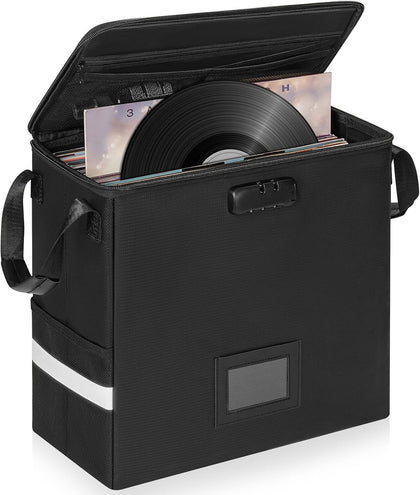 Fireproof Vinyl Record Storage Box with Lock, Holds 35-50 LPs,Black