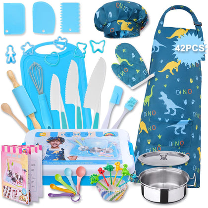 42-Piece Kids Cooking Set - Real Knife, Baking Set, Pots & Pans, Pretend Play Toys - Apron & Chef Hat for Boys