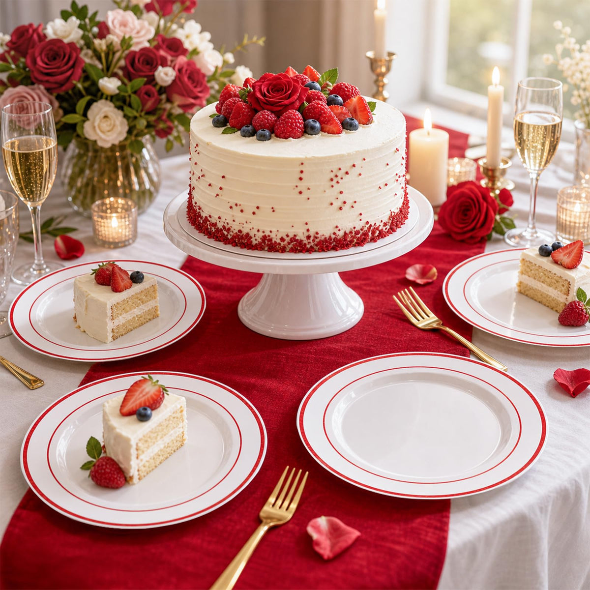 50 Pack Red Rim Plastic Plates, White Disposable Party Plates