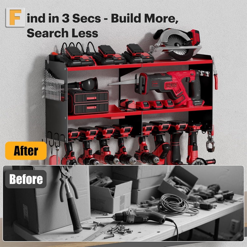 Power Tool Organizer Wall Mount with Charging Station, 15 Min Assembly & Maximum 420lbs Load by Heavy Duty Metal, 8
