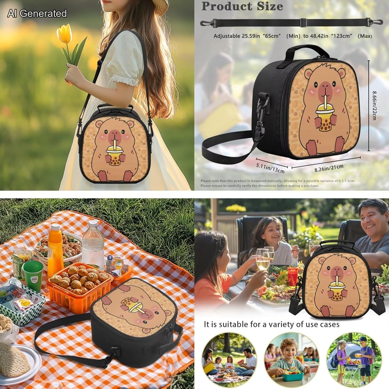 Capybara Pearl Milk Tea 4pcs School Bag Set School Backpack for Kids 8-12 Girls and Lunch Bag Box Bookbag with