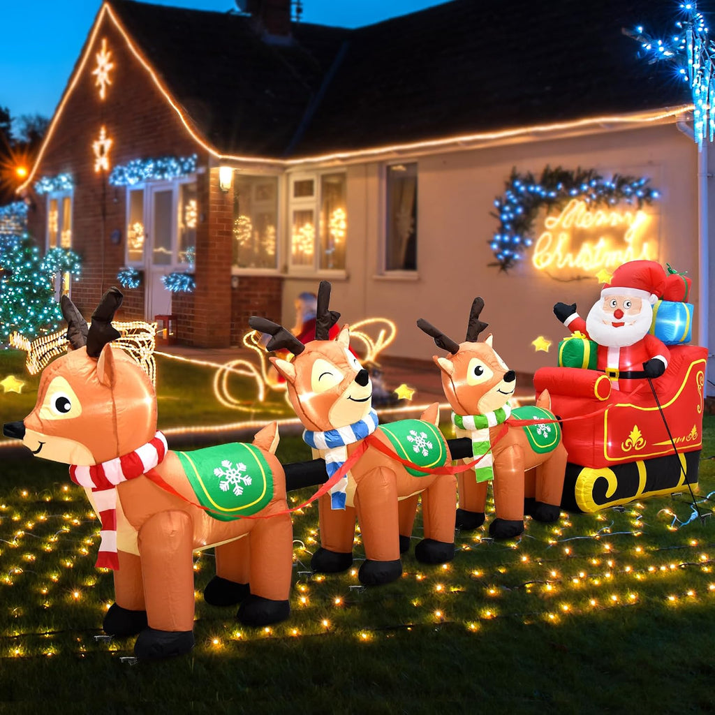 12 Ft Christmas Inflatables Outdoor Decorations Giant Blow Up Yard Decorations Inflatable Santa Claus on Sleigh and 3