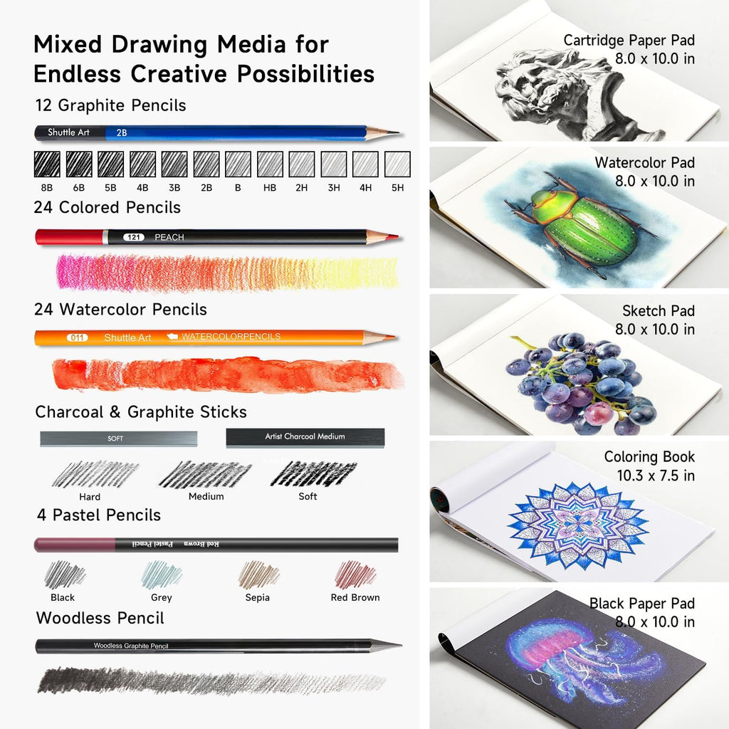 124 PCS Drawing Kit, Professional Drawing Supplies with Sketch, Charcoal, Colored, Graphite, Pastel Pencils & Sticks