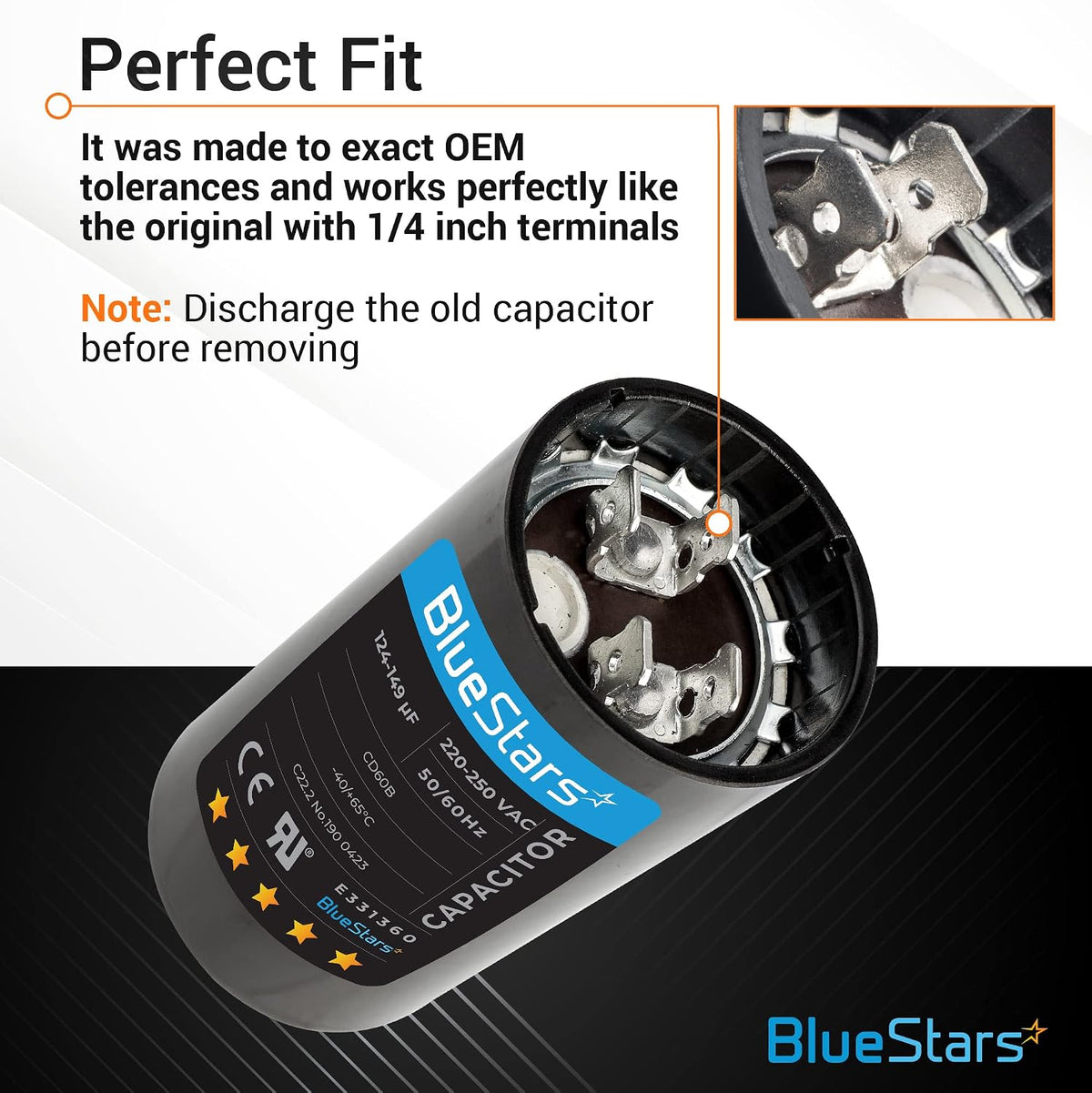 BlueStars 2 Packs 124-149 uF MFD 220-250VAC Run Capacitor - Round Capacitor