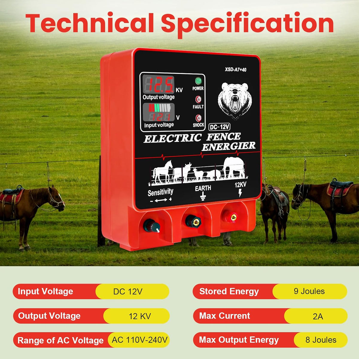9J Electric Fence Charger Energizer, 9 Joules 20 Miles Plug-in Fencer | AC 110-240V/DC 12V, 12KV High Output Voltage