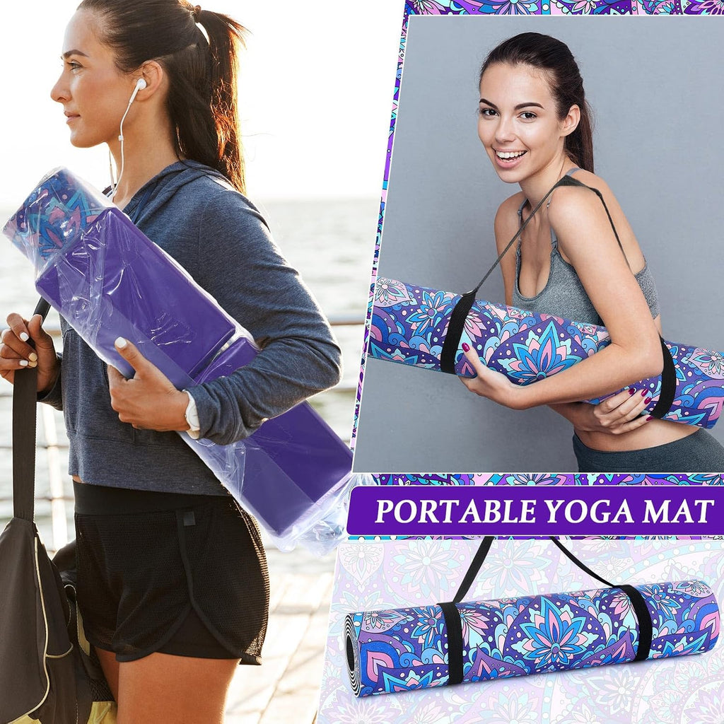 3 Pcs Yoga Mat Yoga Block 6 MM Thick Yogas Mat Non Slip with Carrying Strap Travel Mats for Exercise, Fitness